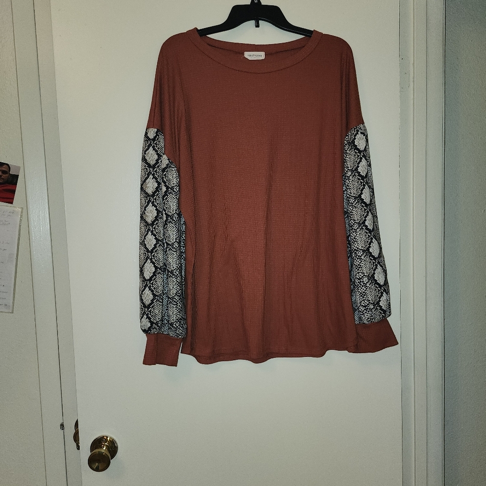 Women's Dark Orange Top with Snake Print Sleeves